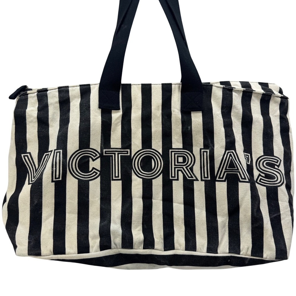 Victoria's Secret Black White Striped Tote Bag Travel Beach Gym Carry On Large